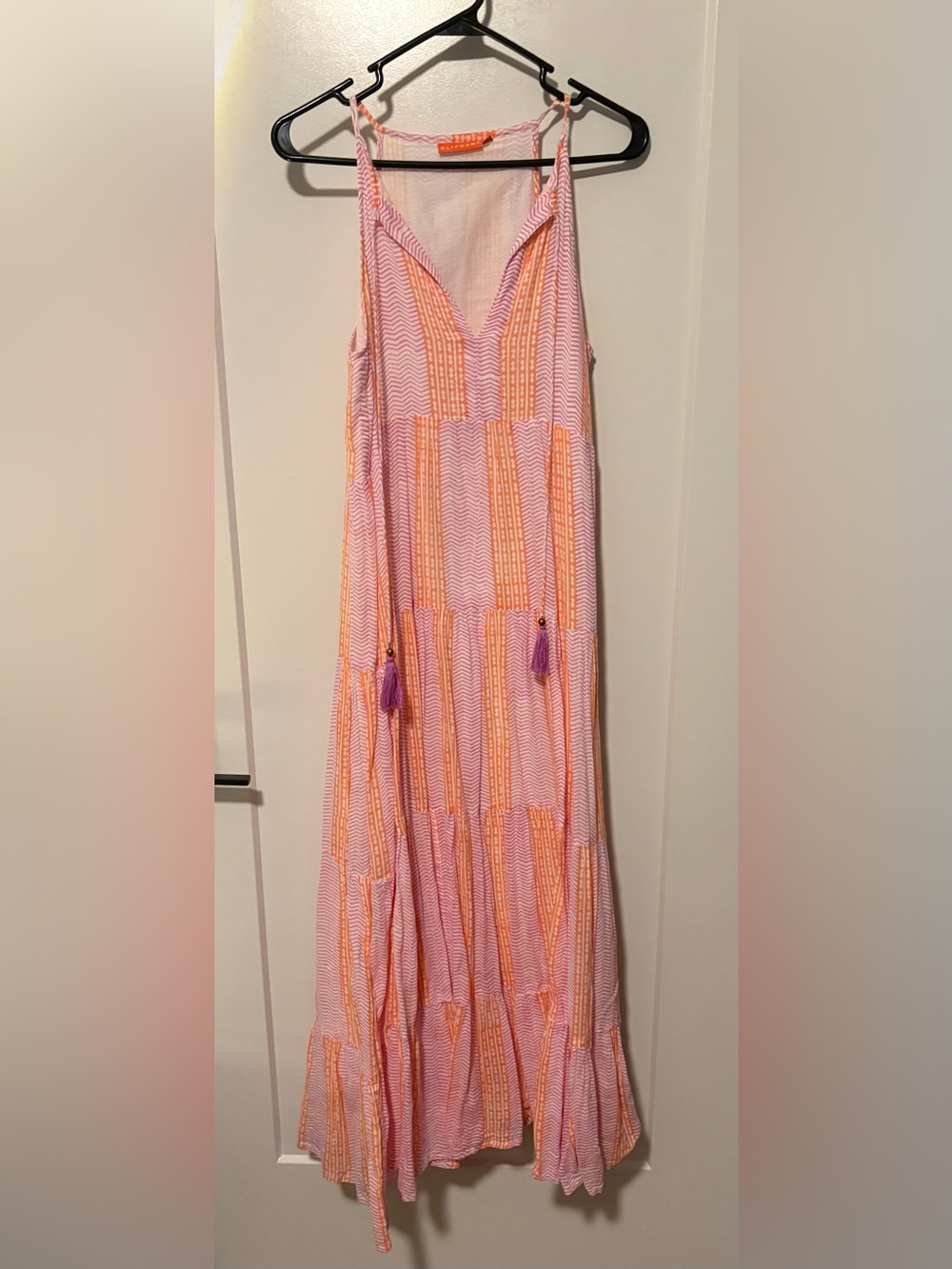 Oliphant coral pink and white block print tiered cotton tassle tie maxi dress S